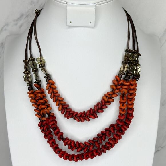Chico's Chunky Red Orange Gold Tone Beaded Multistrand Brown Cord Necklace ✨ - Picture 1 of 10